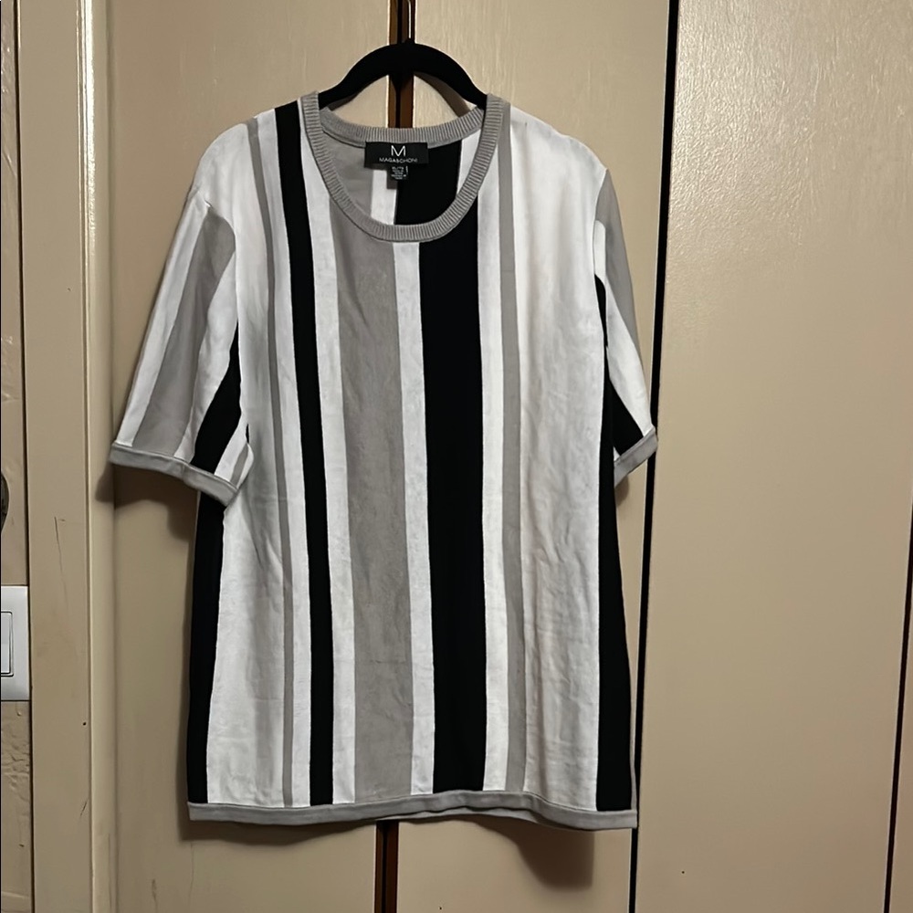 Magaschoni Men's Short Sleeve Striped Tee - Black, White, Gray